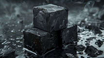 Stacked Cubes of Black Charcoal Burning and Smoking