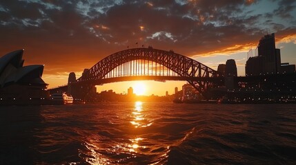 Naklejka premium Sydney Harbour Bridge sunset, Opera House, city skyline.