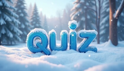 Winter wonderland scene frosted blue QUIZ wordmark. Snowy winter forest backdrop. Frozen 3D letters stand on snowy ground. Wintertime quiz concept. Ideal for educational materials, games, holiday
