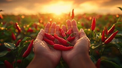 A low angle close-up shot of a farmerâ€™s hands holding vibrant red chili peppers, in the middle of a lush green chili field, with morning dew sparkling under the soft golden sunrise