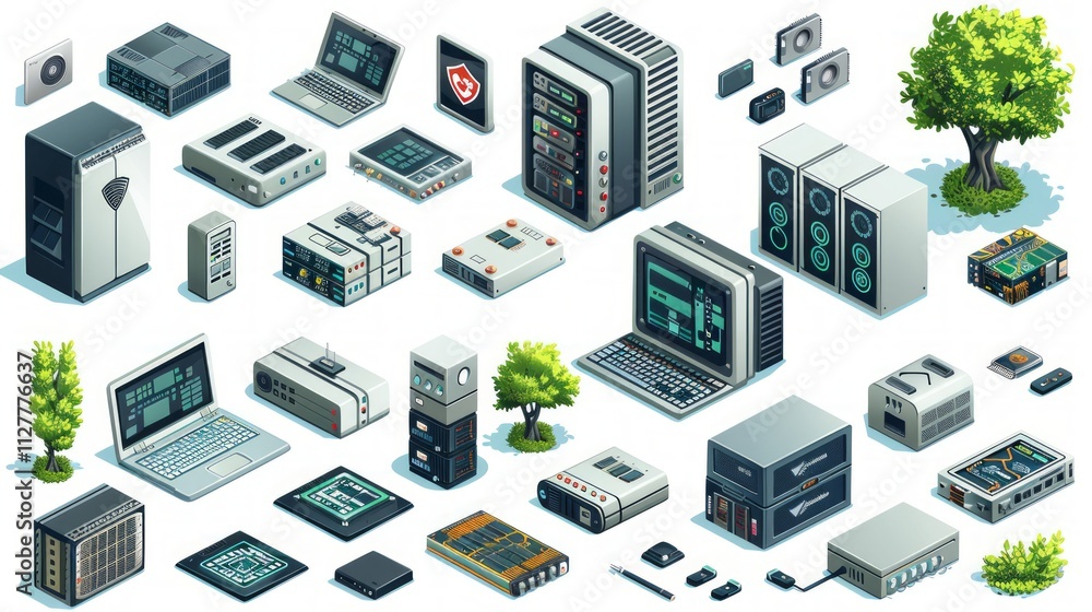 Aufkleber isometric illustration of various computer hardware components and small trees.