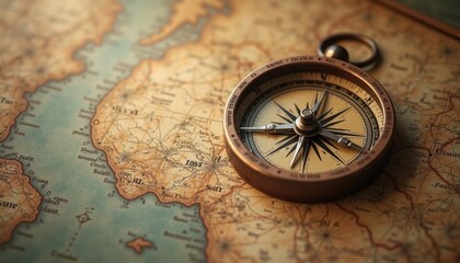 Vintage compass lies on ancient maps. Navigation tools on old charts. Historical exploration theme. Travel, discovery concept. Vintage style. Retro feel. Navigation aids. Past adventures reflected in