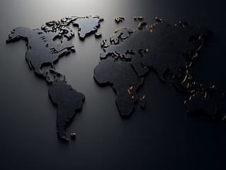 A three dimensional black world map with gold accents