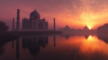 Naklejka premium Taj Mahal sunset reflection, serene beauty.