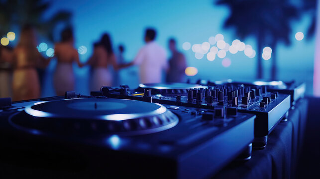 DJ booth with turntables, vibrant lighting. People dancing in background of party. Nightlife entertainment vibe. Celebration atmosphere. Music playing live. Vibrant party scene. Guests enjoying