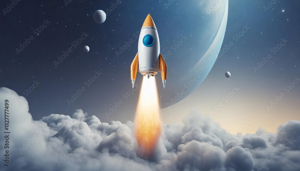 Poster a stunning depiction of a sleek rocket navigating the endless expanse of outer space, highlighted by