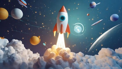 A vivid digital illustration showcasing a futuristic rocket cruising through the infinite reaches of space, enveloped by twinkling stars, radiant cosmic clouds, and a mesmerizing galactic