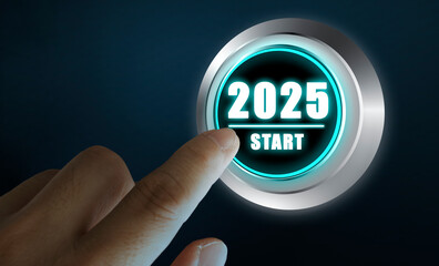 Finger about to press a car ignition button with the text 2025 start. Year two thousand and twenty...