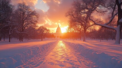 Sunrise over the US Capitol Building in Winter