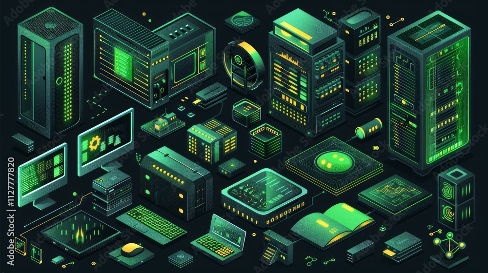 Poster isometric illustration of various computer hardware and software components.