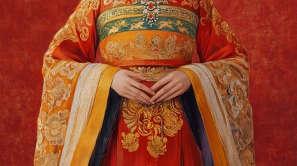 Naklejka premium Ornate red and gold Chinese robe, clasped hands.