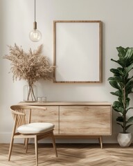 Minimalist Scandinavian Living Room Interior with Wooden Sideboard Chair and Green Plant