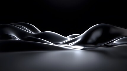 Abstract dark, glossy, undulating forms illuminated from below, resembling hills or waves.