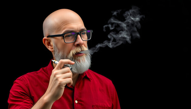 Bald man in his 40s with grey beard holding e-cigarette in his hand and breathing out smoke. Male wears red shirt and glasses, slim body type, Dark black background. Addiction and bad habit concept 