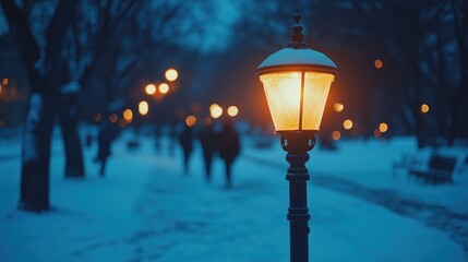 A glowing street lamp illuminating a snowy path at dusk with blurred figures in the background.