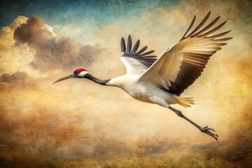 Fototapeta premium Vintage Red-Crowned Crane Flight Photography - Majestic Bird in Action, Elegant Wildlife Image