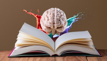A captivating conceptual illustration of a book paired with a colorful brain splash, embodying brainstorming and inspiration perfect for visualizing the creative process, knowledge, and