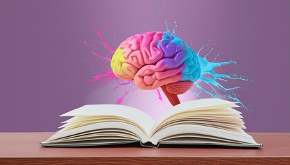 This vibrant illustration showcases a vividly rendered book alongside a colorful brain splash, symbolizing creativity, inspiration, and brainstorming. It captures the essence of dynamic thought