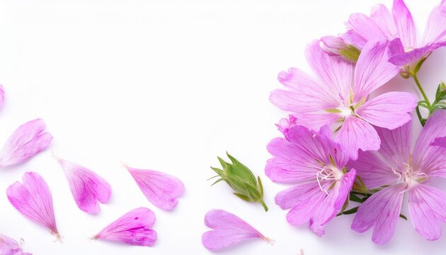 Closeup of Blooming Clarkia Flowers and Petals Isolated on White Background. Top View of Flower with Empty Space.