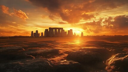 Fototapeta premium Stonehenge sunset; fiery sky, ancient stones.
