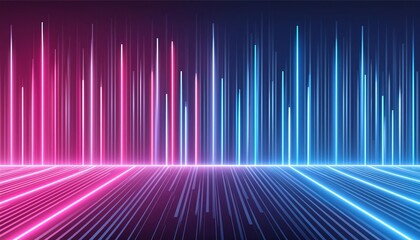This captivating digital wallpaper showcases an abstract neon background with vibrant glowing pink and blue vertical lines. Ideal for tech-themed designs, this image adds a modern touch to any