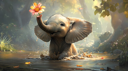A playful baby elephant splashes in muddy water, adorned with a vibrant flower amid a beautiful natural setting. Ebullience. Illustration