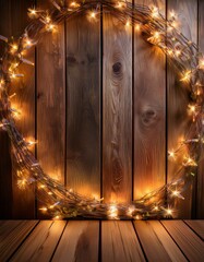 Warm, rustic wooden backdrop with glowing string lights forming a circle.