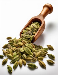 Green cardamom pods spilling from a wooden scoop against a white background.