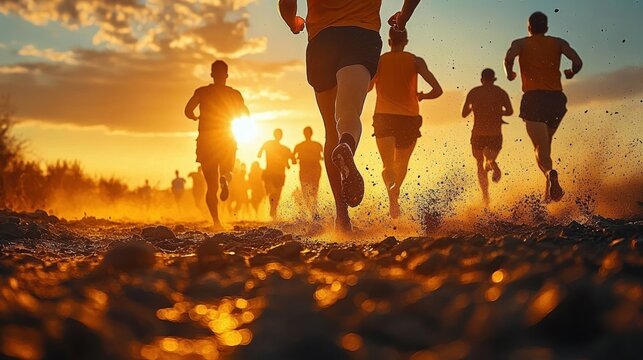 dynamic race scene runners motion sunset seaside trail energetic group jogging outdoor fitness