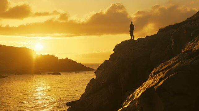 A silhouette of a person standing on a rocky cliff during a vibrant sunset over the ocean.