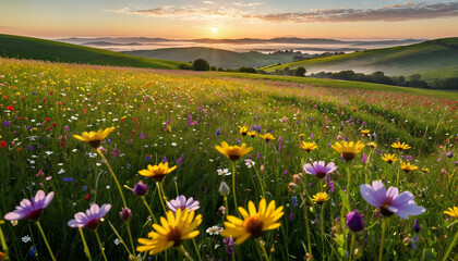 Obraz premium A sprawling field of wildflowers in full bloom, stretching toward the horizon. The sky is clear and bright with a few wispy clouds, and a gentle breeze sways the flowers.