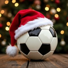 Soccer ball wearing Santa hat on wooden surface, festive bokeh lights in background.Passion. Celebration. Festive play.Christmas sports promotion, festive invitation, holiday mockup, product photogr

