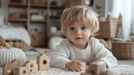 Adorable Little Boy Playing with Wooden Toys