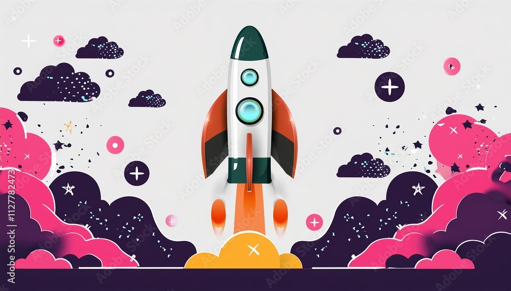 Poster this captivating image features a rocket launch against a pristine white background, symbolizing the