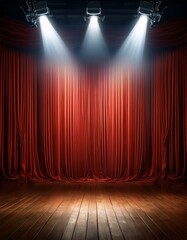 Empty stage with red curtains and spotlights.