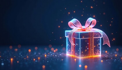 Glowing gift box with neon pink ribbon. Futuristic design with low poly wireframe. Holiday spirit with modern neon colors. Digital tech gift. Festive occasion. Modern gift box. Abstract festive