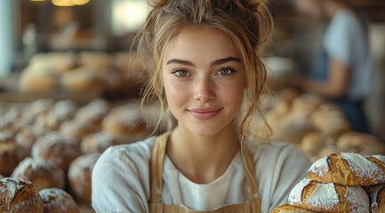 Smiling Baker Woman Holding Fresh Bread in Bakery