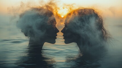 Two Silhouettes Embrace in Misty Water