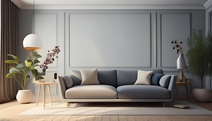 3D Rendering of a living room with a blue couch