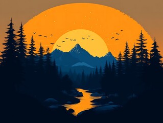 Serene Sunset Landscape With Mountain River And Pines
