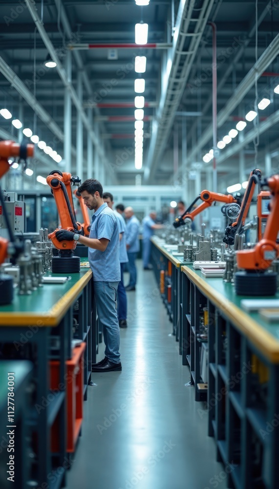 Poster modern manufacturing facility assembly line. workers, advanced robotics efficiently assemble product