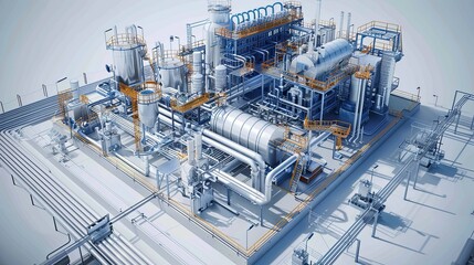 Detailed 3D Rendering of a Complex Industrial Chemical Processing Plant
