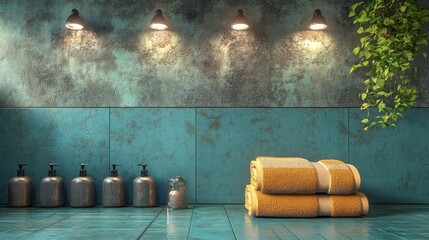 Teal bathroom with towels, bottles, and lights.