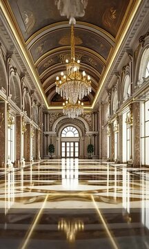 Exquisite Grand Hall with Luxurious Architecture, Elegant Chandeliers, and Stunning Marble Flooring Illuminated by Natural Light with ai generated.