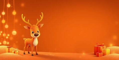 Adorable cartoon reindeer with antlers and red nose surrounded by colorful gift boxes on snowy ground.
