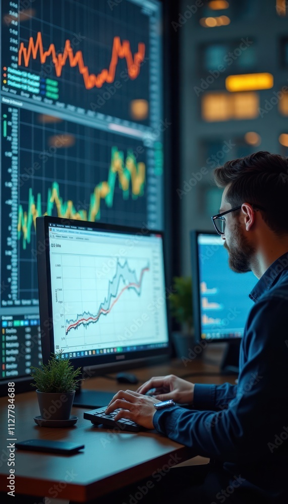 Poster analyst reviews tech financial data on computer screens. charts, graphs show sales metrics. person f