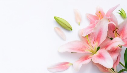 Closeup of Blooming Lily Flowers and Petals Isolated on White Background. Top View of Flower with Empty Space.