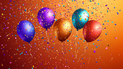 Colorful balloons hover delightfully amidst fluttering confetti in this festive image, evoking feelings of joy, celebration, and childhood nostalgia for special occasions. Ebullience. Illustration