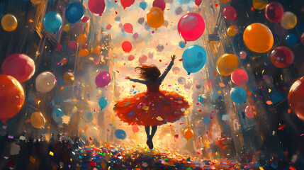 Colorful balloons hover delightfully amidst fluttering confetti in this festive image, evoking feelings of joy, celebration, and childhood nostalgia for special occasions. Ebullience. Illustration