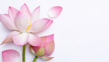 Fototapeta premium Closeup of Blooming Lotus Flowers and Petals Isolated on White Background. Top View of Flower with Empty Space.